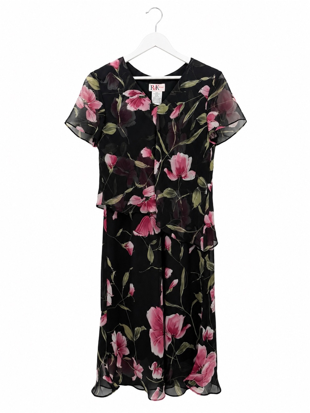 R&K Petites Black Pink Floral Chiffon Overlay Midi Dress Size 10P Y2k